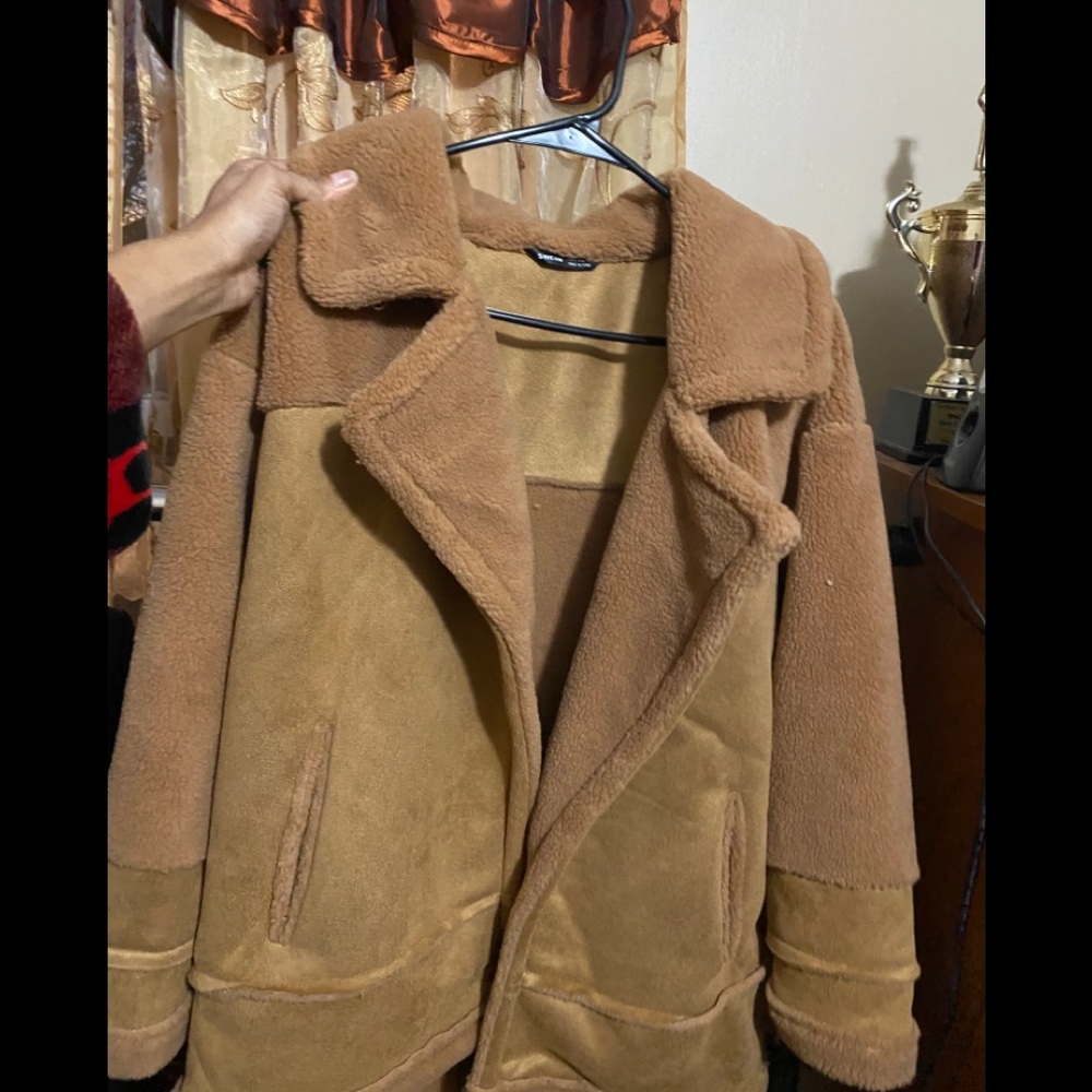 Pocket front mixed media teddy coat